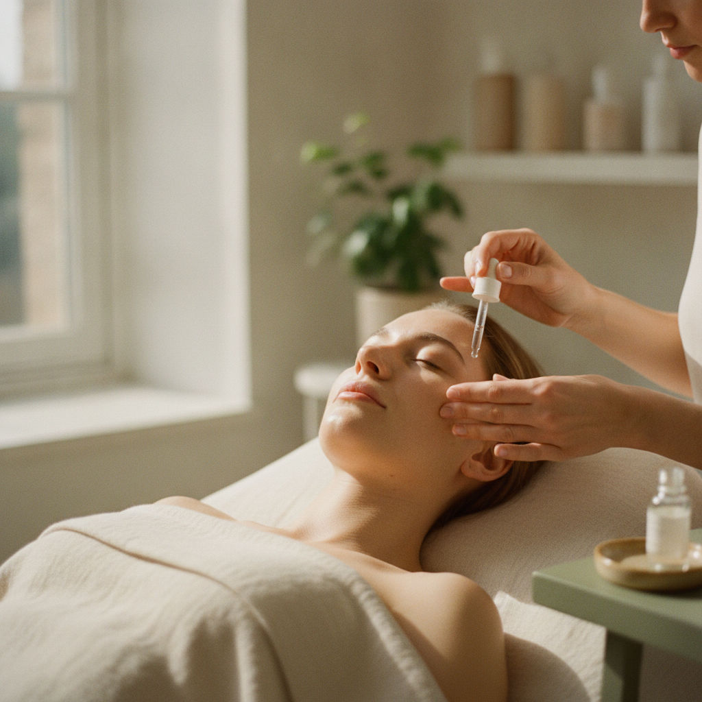 An esthetician applies serum with a dropper to a relaxed client's face in a sunlit treatment room.