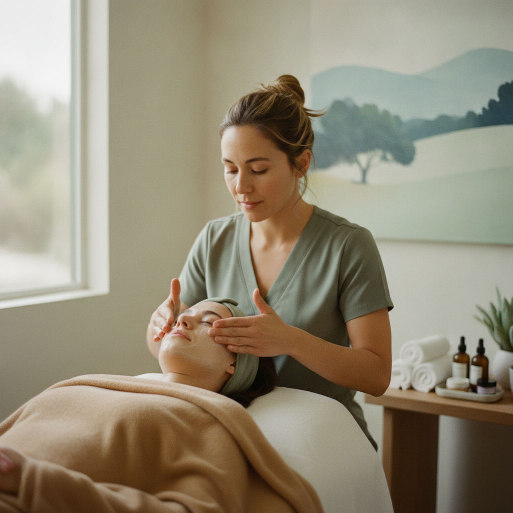 An esthetician in a sage green top resting her hands on a relaxed client's forehead during a facial