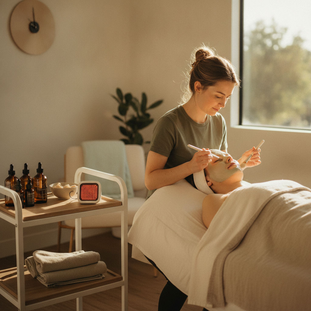 An esthetician brushes a mask onto a client's face beside a cart of amber serum bottles and a red LED device.